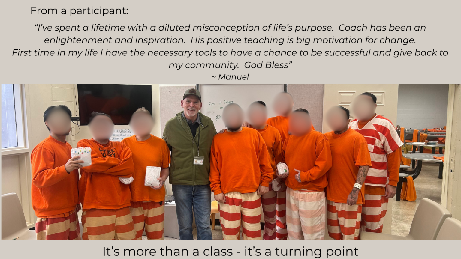 Coaching Good leading mentoring and life-skills classes for incarcerated men inside Monterey County Jail supported by donors