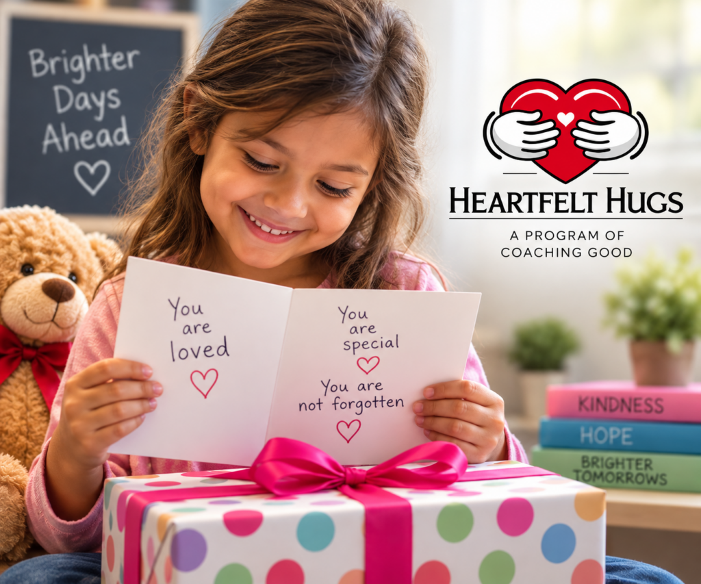 Child receiving a birthday gift through Coaching Good's Heartfelt Hugs program for children of parents in recovery